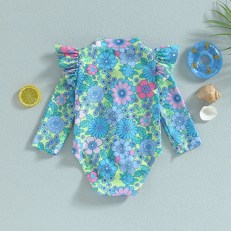 Infant Girls Rash Guard Swimsuit Floral Print Zipper Long Fly Sleeve Sun Protection Bathing Romper Swimwear - Sun Studio