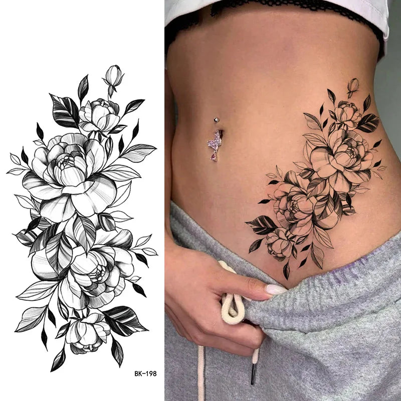 Schwarz Weiß Temporäre Transfer Tattoos Florale Schmetterlinge Schriftzüge Linienkunst Wasserfeste Körperaufkleber für Musikfestival Party