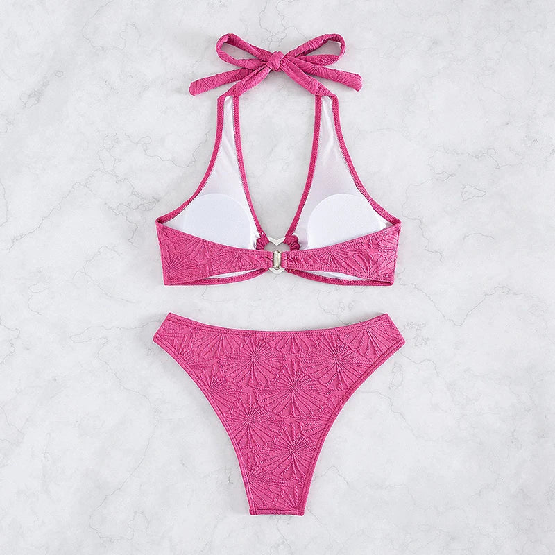 Fashion Jacquard Bikini Push Up Swimsuit Women Chic Heart Buckle Lace-up Triangle Halter Backless Thong Bikini Set Bathing Suit - Sun Studio
