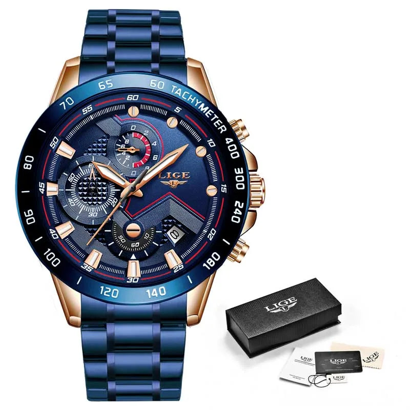 LIGE Business Men Watch Luxury Brand Stainless Steel Wrist Watch Chronograph Army Military Quartz Watches Relogio Masculino+BOX - Sun Studio