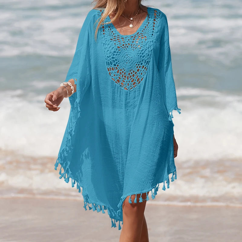 Women's Handmade Crochet Splicing Swimsuit Cover-Ups With Tassel Summer Holiday Beach Casual Loose Sunscreen Short Dress - Sun Studio