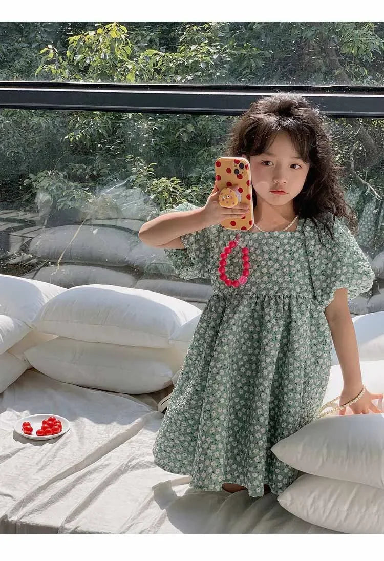 Girls Casual Dresses Floral Print Puffy Sleeves Dress Flower Girl Dresses Square Collar Clothes for Kids 3 To 7 Years - Sun Studio