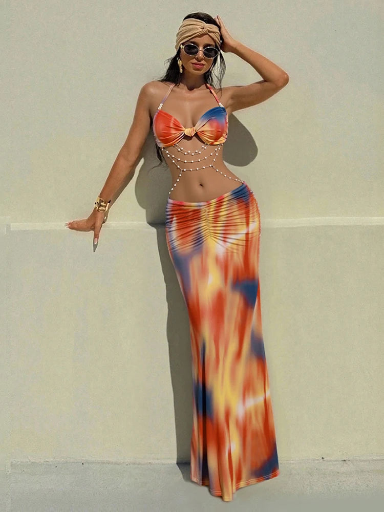 kliou Pearl Splice Stunning Dresses Women Sexy Tie Dye Tassel Bandage Hollow Shirring Maxi Bodycon Lady Vacation Party Vestidos - Sun Studio