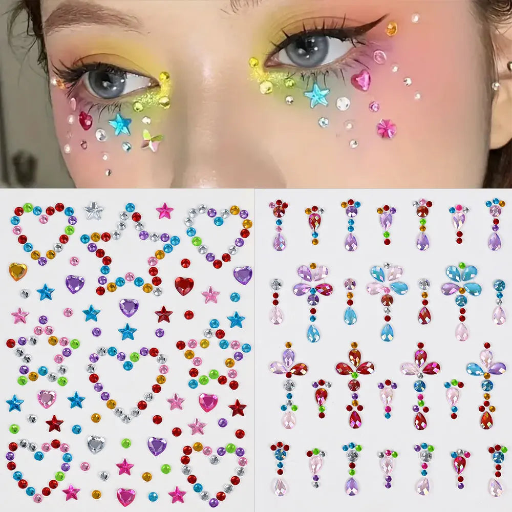 1Sheet 5D Mixed Shell Aurora Rhinestone Girl Face Stickers Hollow Star/Moon/Heart Self-Adhesive Cute Girl Make Up Diamond Decal - Sun Studio