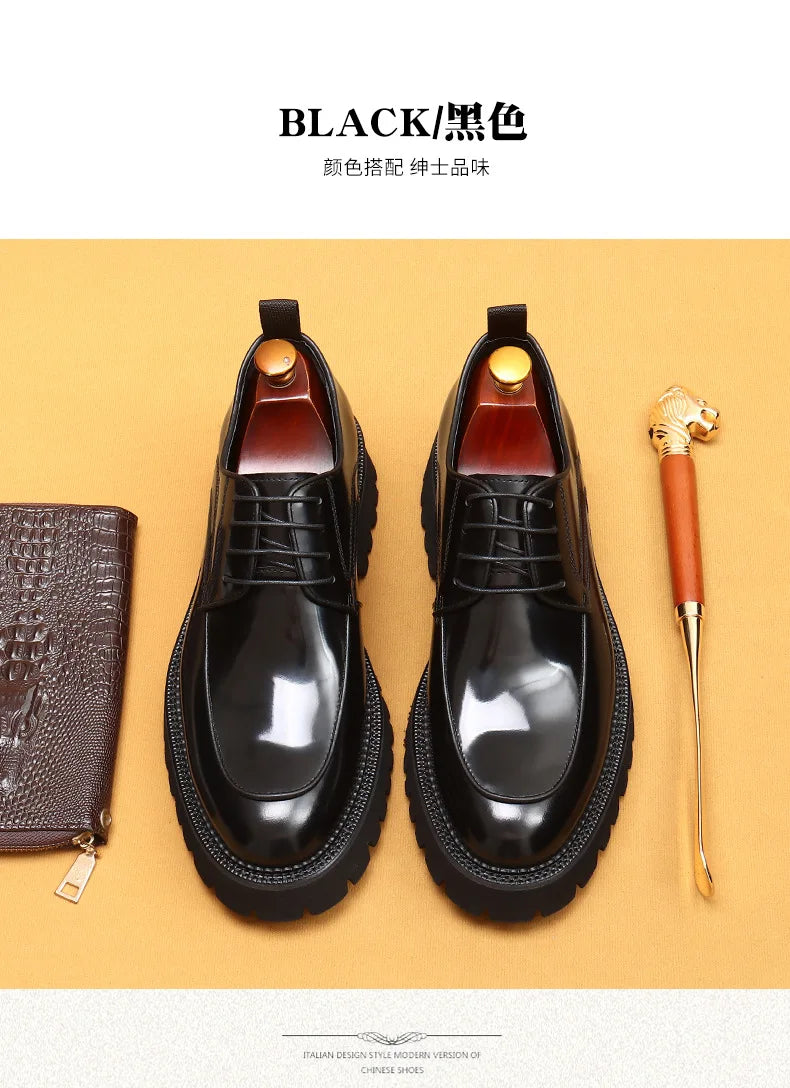 designer men's leather shoes with thick soles round toe glossy leather business dress shoes Waxed cowhide lace up British shoes - Sun Studio