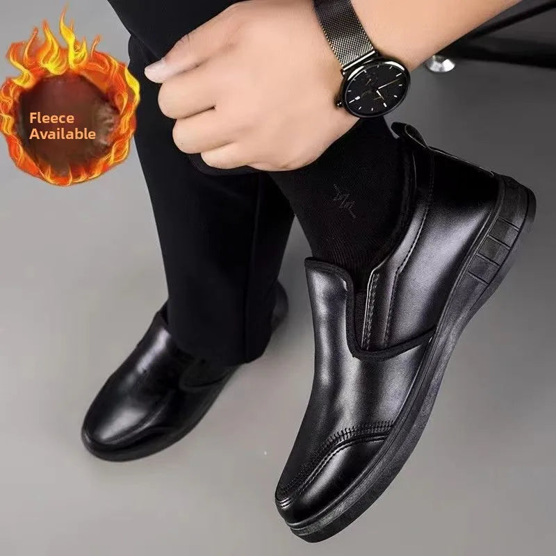 Pure Black Casual Men's Shoes Slip-On Driving Soft Bottom Anti-Slip Leather Shoes Breathable round Toe Flat Heel PVC Outsole - Sun Studio