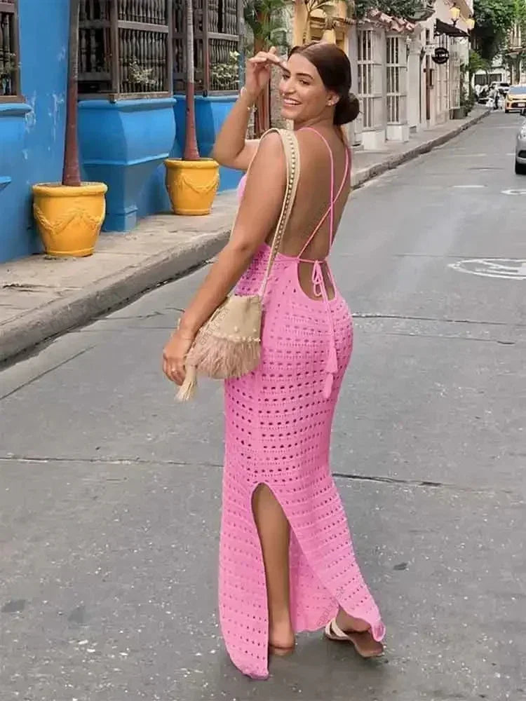 Sexy Knit Cut Out Tassel Spaghetti Strap Bodycon Beach Maxi Dress Summer Women's Holiday Club Party Outfit Swimsuit Cover Up K10 - Sun Studio