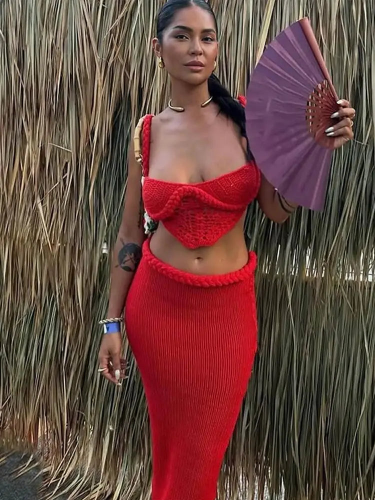 Halter Knitted Vest Bikini Top Split Fishtail Skirt Set Crochet Hollow Out Beach Swimsuit Sexy Backless Suspender Long Skirts - Sun Studio