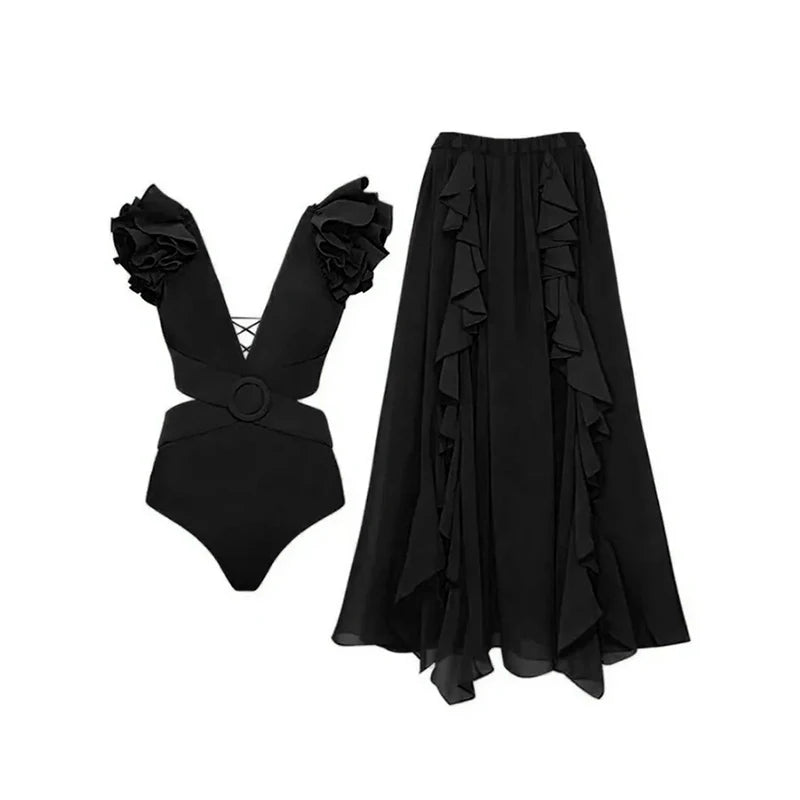 2024 Sexy Women's Swimsuit with Skirt One-Piece Swimwear Vintage Ruffle V Neck Cover Up Bikinis Set Beachwear Bathing Suit - Sun Studio