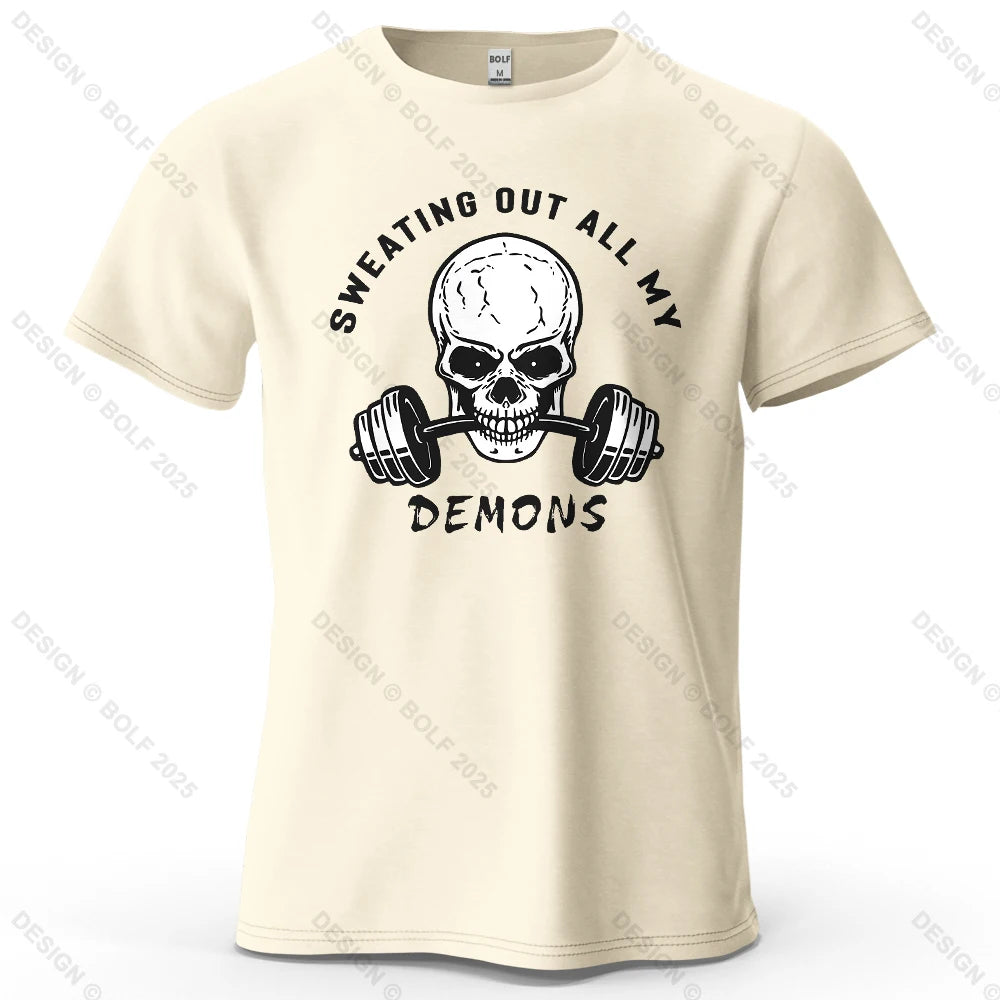 Fitness Skull Motivated Printed Men's T-Shirt 100% Cotton Oversized Gym Graphic Tees for Women Tops Tees Casual Streetwear - Sun Studio