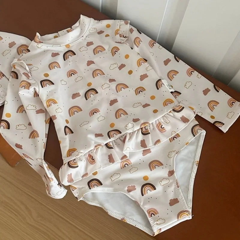 2026 New Girls' Long Sleeve Swimsuit Cute Print Round Neck Zipper One-Pieces Swimwear Child Fuffle Triangle Swimming Suit H042 - Sun Studio