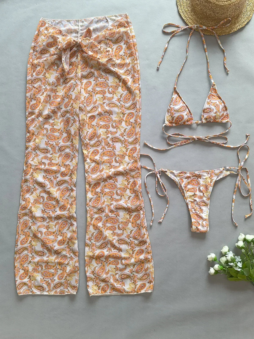 3Pcs Bikini Set Sexy Bikini Push UP Women Swimsuit Female Swimwear with Cover-Ups Bathing Suit Beachwear Print Pants 2024 New - Sun Studio