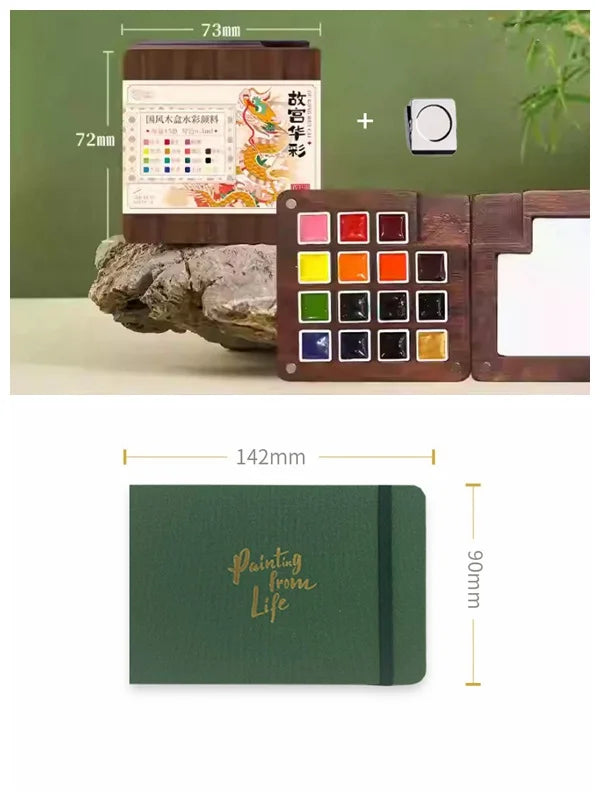 Portable Watercolor Set Walnut Paint Box With Palette 8/15 Colors Travel Mini Watercolor Paint Art School Supplies - Sun Studio