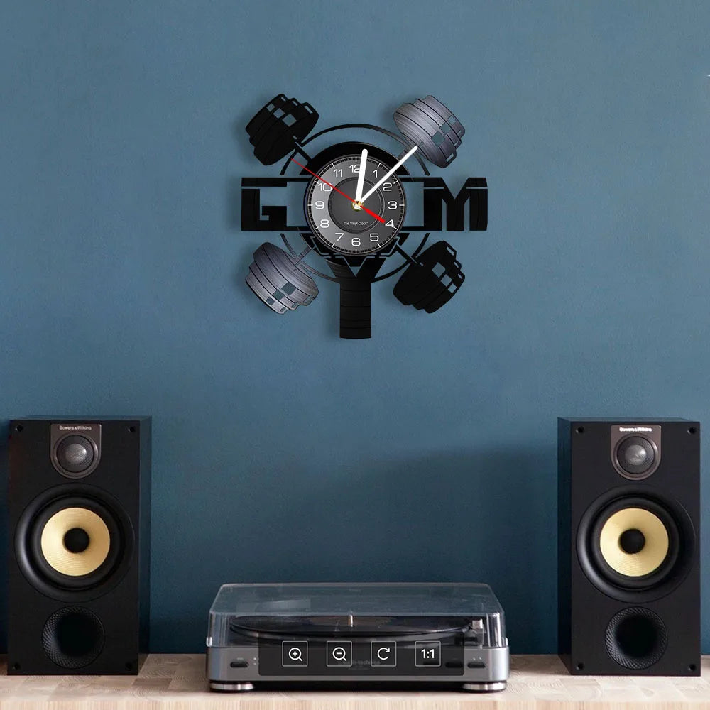 Fitness Equipment Thema Vinyl Schallplatte Fitness Wanduhr Heimdekoration LED Hintergrundbeleuchtung Moderne Fitness Uhr