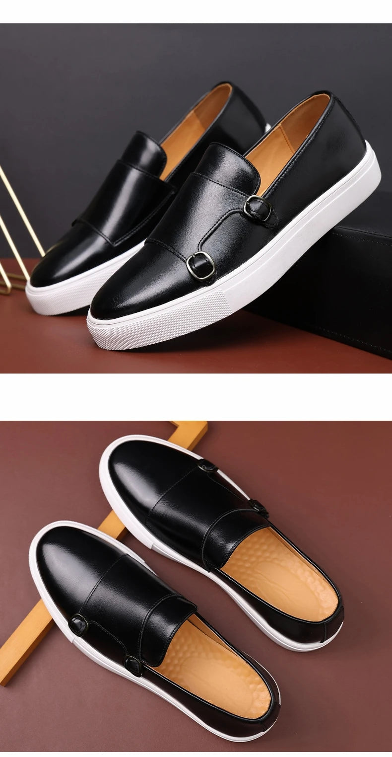 Fashion Man Casual Shoes Leather Men's Retro British Style Loafers Slip-on Outdoor Flats Double Monk Business Daily Shoe - Sun Studio