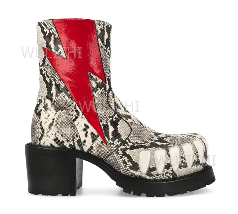 Men's Leopard Graffiti Teeth Totem Boots Black Leather Patent Leather Block Heels Thick Sole Zip Fashion Round Toe Shoes Street - Sun Studio