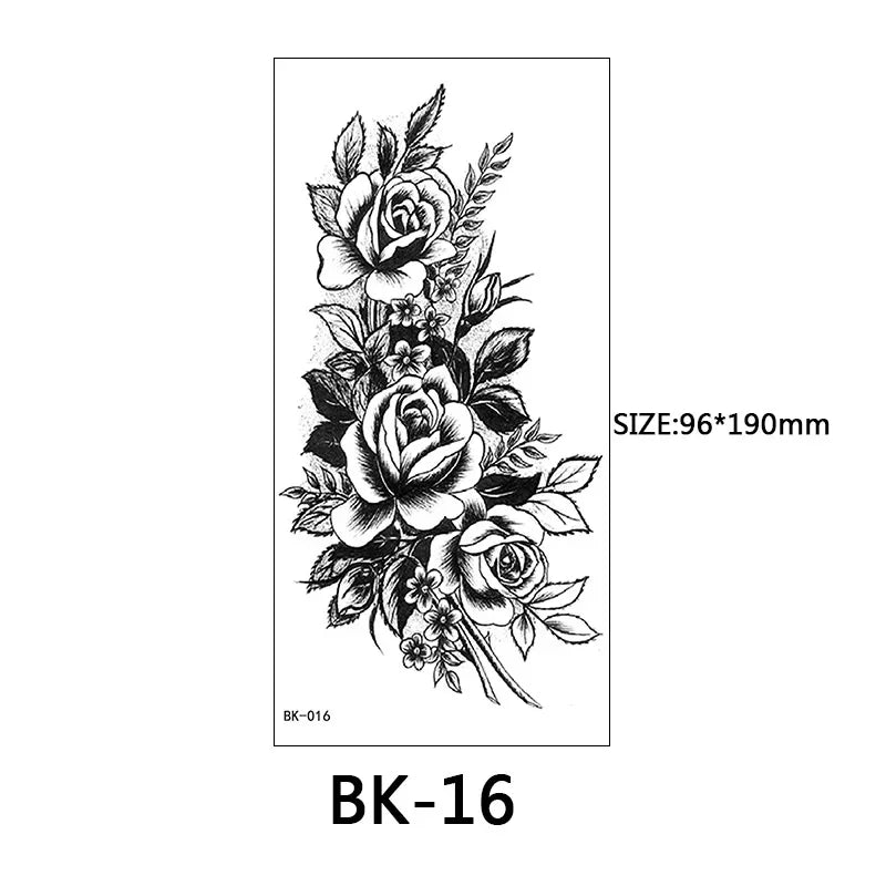 Rose Blossom Tattoo Temporary Waterproof Butterfly Fake Tattoo for Woman Black Flower Sketch Tattoo Sticker - Sun Studio