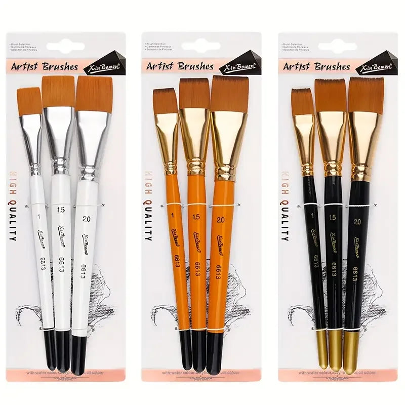 3pcs/Set Oil Painting Brushes-Wooden Mini Flat Nylon Paint Brush Set,Watercolor Brush for Body Painting Brush,Acrylic Art Paint - Sun Studio