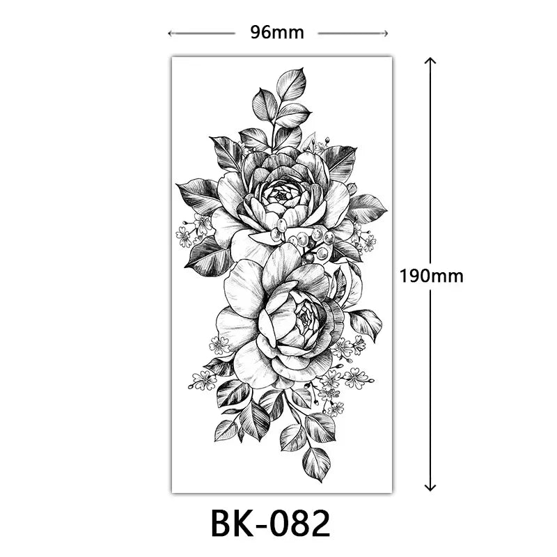 Rosenblüten-Tattoo Temporäres wasserdichtes Schmetterlings-Fake-Tattoo für Frauen Schwarzes Blumen-Skizzen-Tattoo-Aufkleber