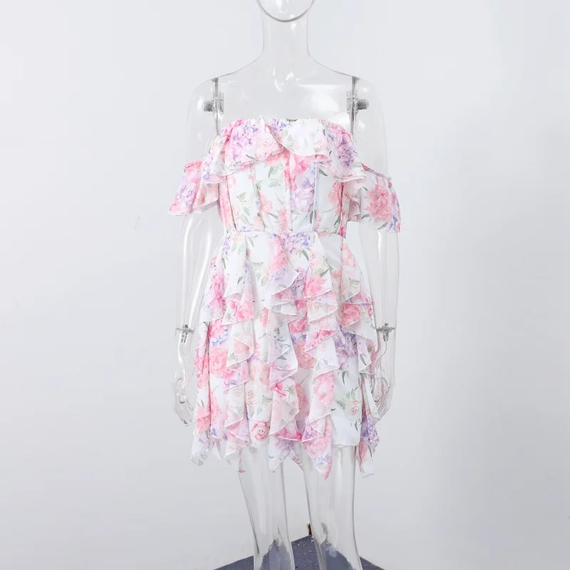 Sexy Flower Print Mini Dresses Women Elegant Ruffles Flared Sleeve Layered V-neck Vestido Female Evening Club Party Outfits 2026 - Sun Studio
