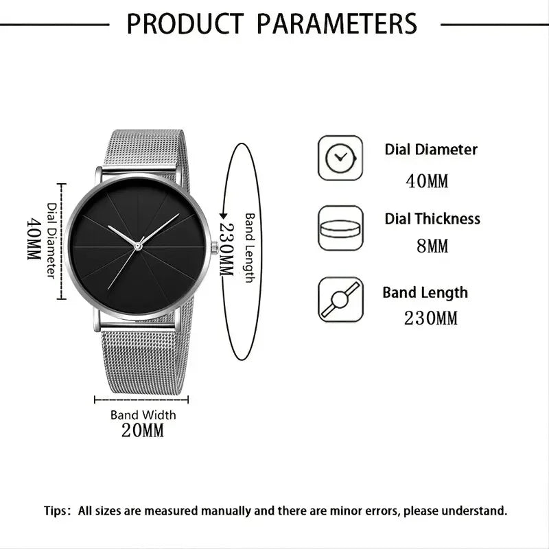 Mens Fashion Business Quartz Wristwatch Fashion Calendar Men Watch Stainless Steel Mesh Belt Men Luxury Silver Bracelet Watches - Sun Studio