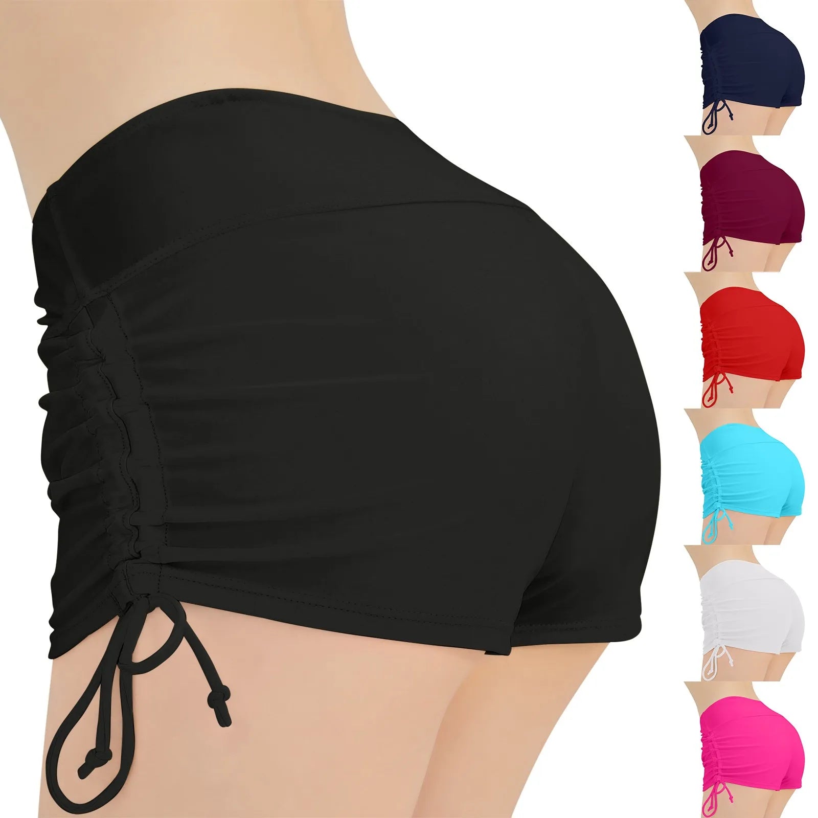 Women'S Summer Swimwear Briefs Solid Colored Boxer Beach Shorts High Waist Side Adjustable Drawstring Elastic Sports Swimsuit - Sun Studio