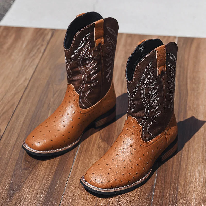 Men's Classic Retro Western Cowboy Boots Embossed Leather Mens Fashion Embroidery Mid-Calf Boot High top Casual Shoes for Men - Sun Studio