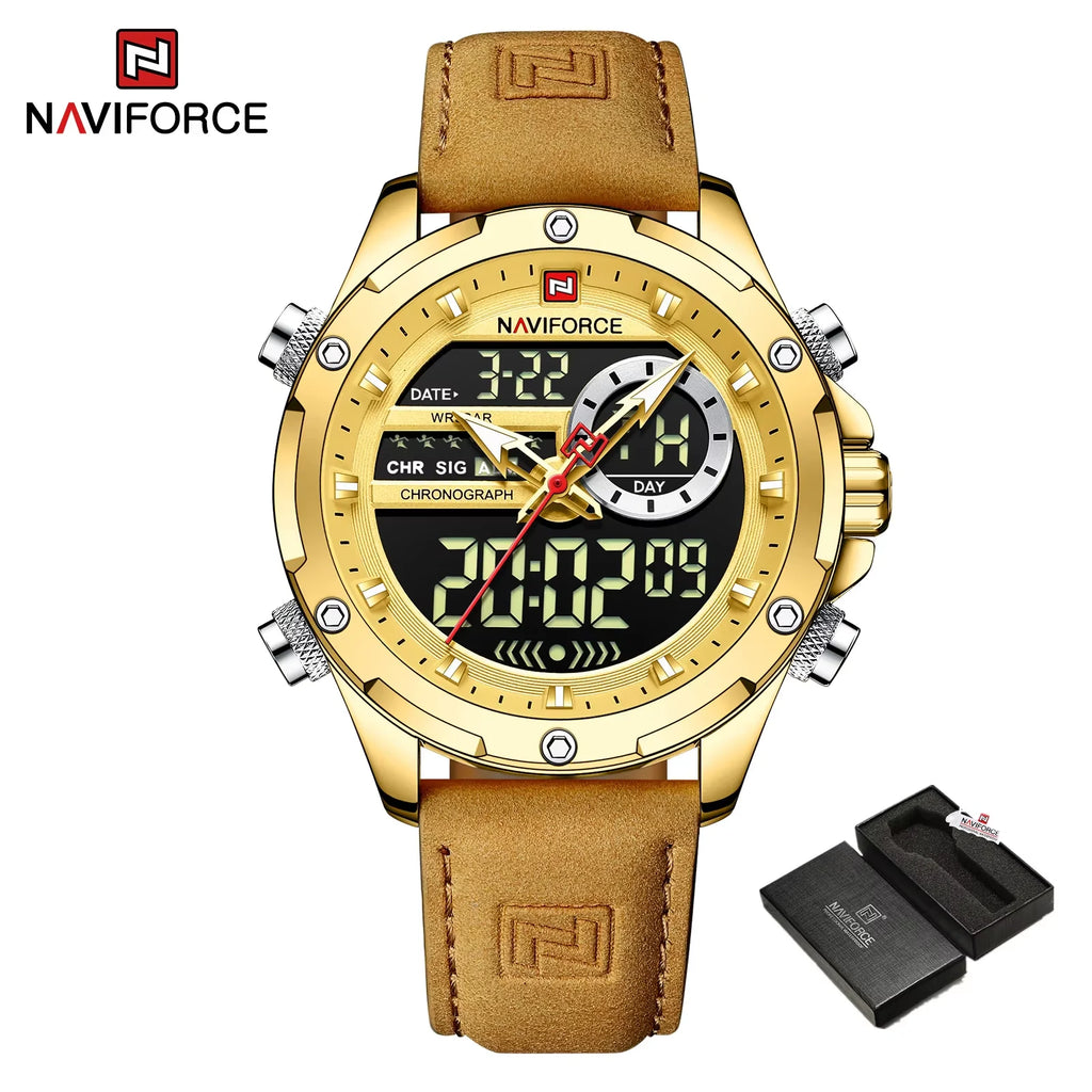 NAVIFORCE Luxus Original Uhren für Herren Freizeit Sport Chronograph Alarm Quarz Armbanduhr Leder Wasserdicht Digitale Uhr 9163