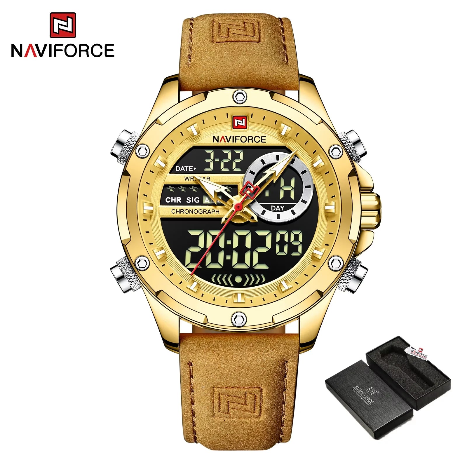 NAVIFORCE Luxus Original Uhren für Herren Freizeit Sport Chronograph Alarm Quarz Armbanduhr Leder Wasserdicht Digitale Uhr 9163