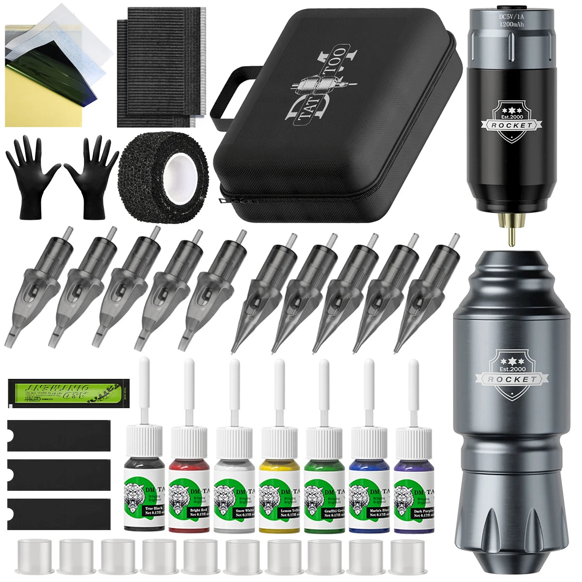 1set, DM Wireless Tattoo Kit ,Complete Mini Rocket Machine Battery Cartridge Needles Power Supply Inks Rotary Tattoo Pen Set - Sun Studio