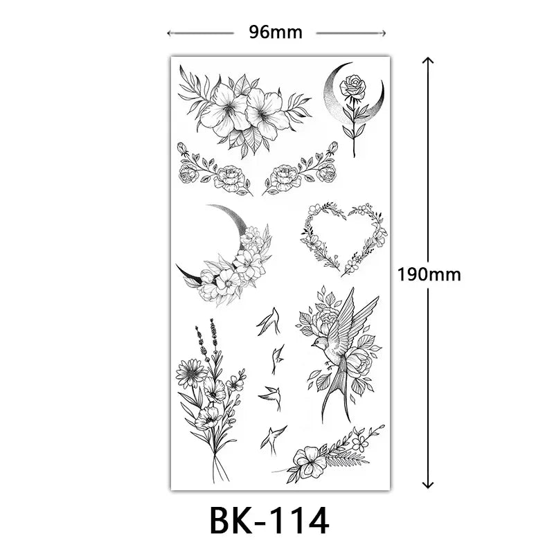 Rosenblüten-Tattoo Temporäres wasserdichtes Schmetterlings-Fake-Tattoo für Frauen Schwarzes Blumen-Skizzen-Tattoo-Aufkleber