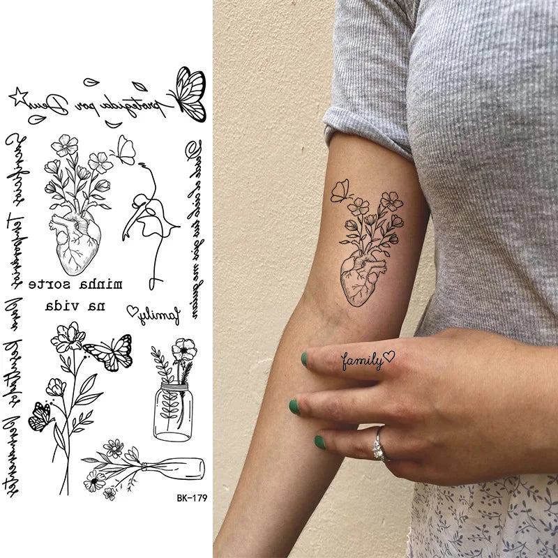Schwarz Weiß Temporäre Transfer Tattoos Florale Schmetterlinge Schriftzüge Linienkunst Wasserfeste Körperaufkleber für Musikfestival Party