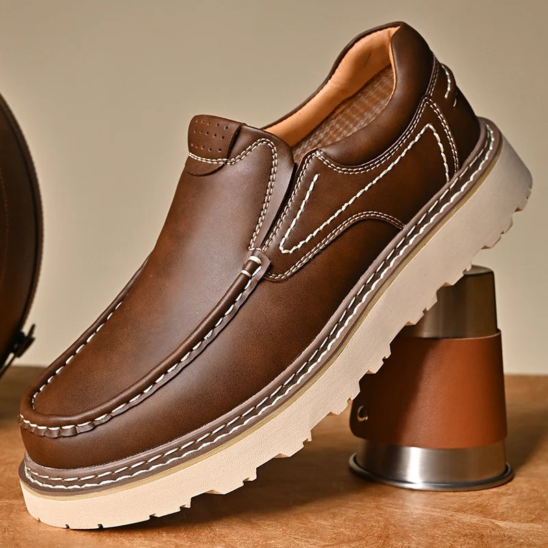 Trendy New Style Men's Genuine Leather Shoes Thick Soled Tooling Shoes Men's Oxford Shoes Lace Up Business Shoes Outdoor Loafers - Sun Studio