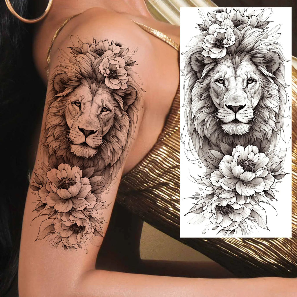 1 Sheet Beautiful Turtle With Flowers Temporary Tattoos Elephant Lion Tatoos Waterproof Realistic Animals Fake Tattoos Stickers - Sun Studio