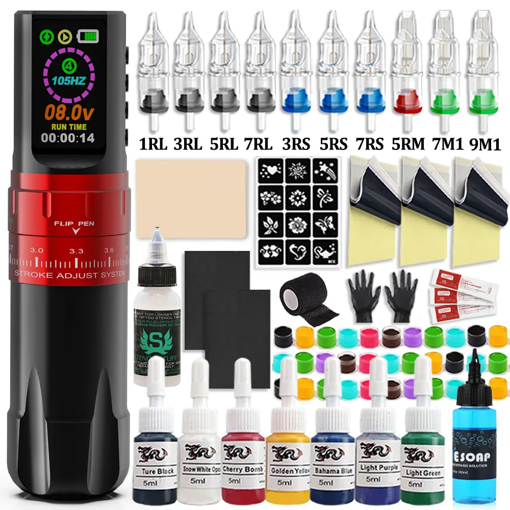 Professional Wireless Tattoo Machine Kit Wireless Rotary Tattoo Pen with Tattoo Cartridge Needles Inks for Tattoo Beginners Set - Sun Studio