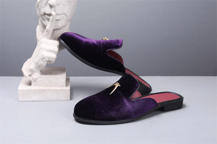 Fashion New Men Velvet Tassels Half Slippers Loafer Male Casual Purple Green Blue Black Mules Moccasins Breathable Driving Shoes - Sun Studio