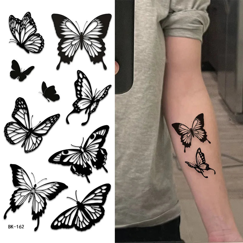 Schwarz Weiß Temporäre Transfer Tattoos Florale Schmetterlinge Schriftzüge Linienkunst Wasserfeste Körperaufkleber für Musikfestival Party