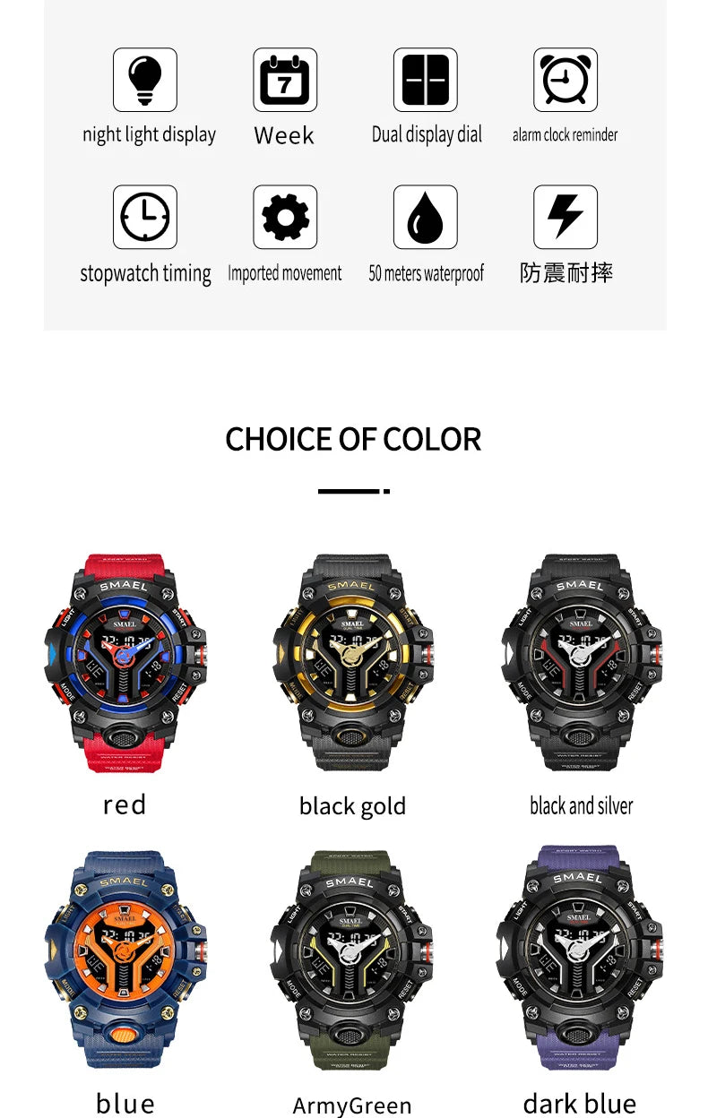 New SMAEL Sport Watch for Man Dual Time Watch for Men Shock Resistant Led Light Watch Military 8075 Quality Mens Sports Watches - Sun Studio