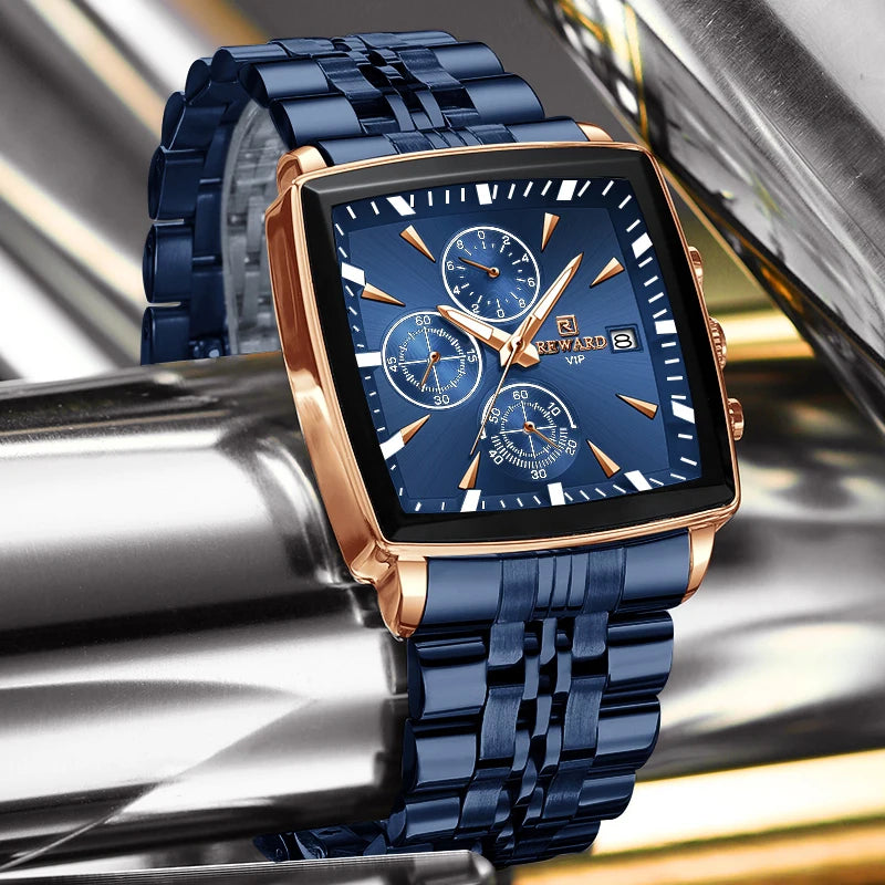 REWARD Fashion Square Dial Watch for Men Stainless Steel Waterproof Quartz Chronograph Mens Watches Luxury Sport Male Clock - Sun Studio