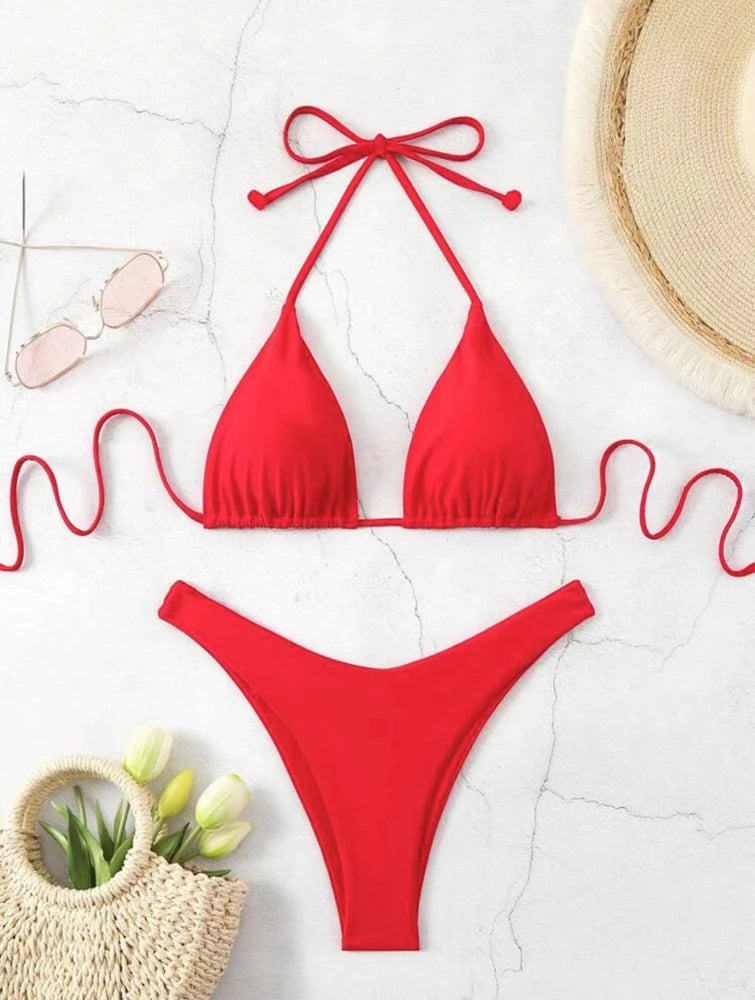 New Halter Bikini Women Solid Color Two-Piece Set Sexy Split Swimsuit Yellow Red Black Coffee White Pink Lace Up Bathing Suit - Sun Studio