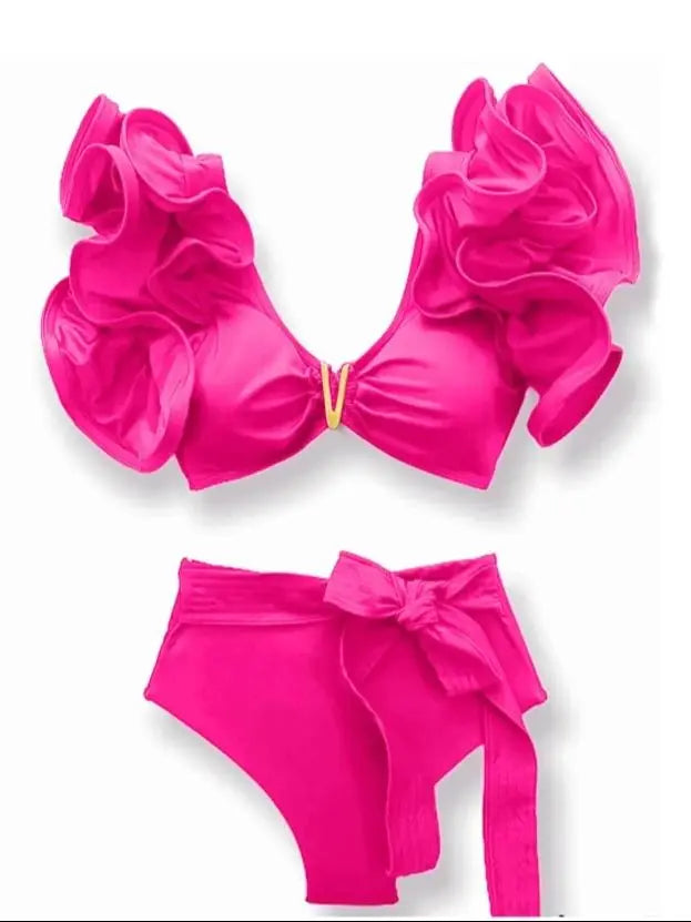 Floral Ruffled Hem Bikini Set Women Flora V-Neck High-Waisted Two Piece Swimsuit 2025 Girl Beach Bathing Suit Swimwear Biquinis - Sun Studio