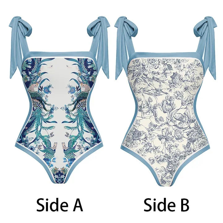 Sexy Women Cover Up Swimwear Vintage One Piece Bow Swimsuit Beach Wear Swimming Suit Double-sided Printing Reversible Design - Sun Studio