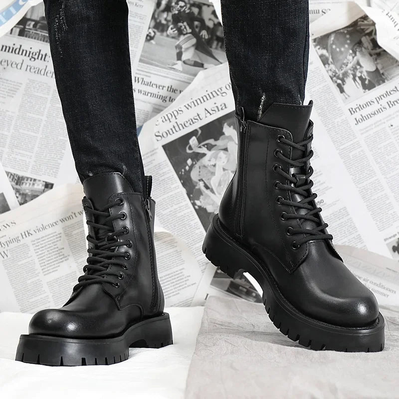 2025 Autumn Winter Shoes Men Leather Boots Thick Sole Non-slip Warm Plush Cold Winter Cow Leather Male Ankle Botas Black KA4867 - Sun Studio