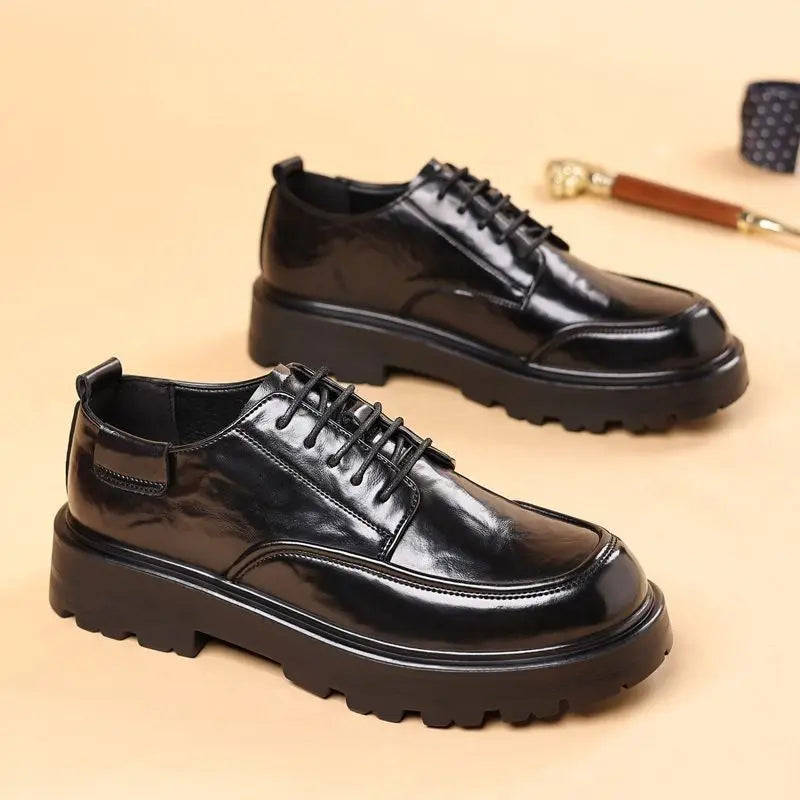 Round Toe Height Increasing Thick Sole Black Leather Shoes for Men Low Price High Quality Social Fashion New in Man Casual Shoe - Sun Studio
