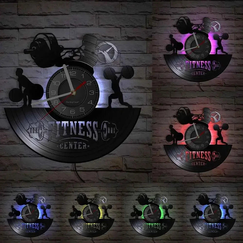 Fitness Equipment Thema Vinyl Schallplatte Fitness Wanduhr Heimdekoration LED Hintergrundbeleuchtung Moderne Fitness Uhr