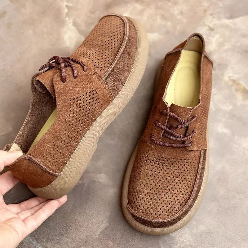 Wide toe hollow natural leather shoes men's 2025 summer new cowhide punched breathable soft leather soft sole singlecasual shoes - Sun Studio
