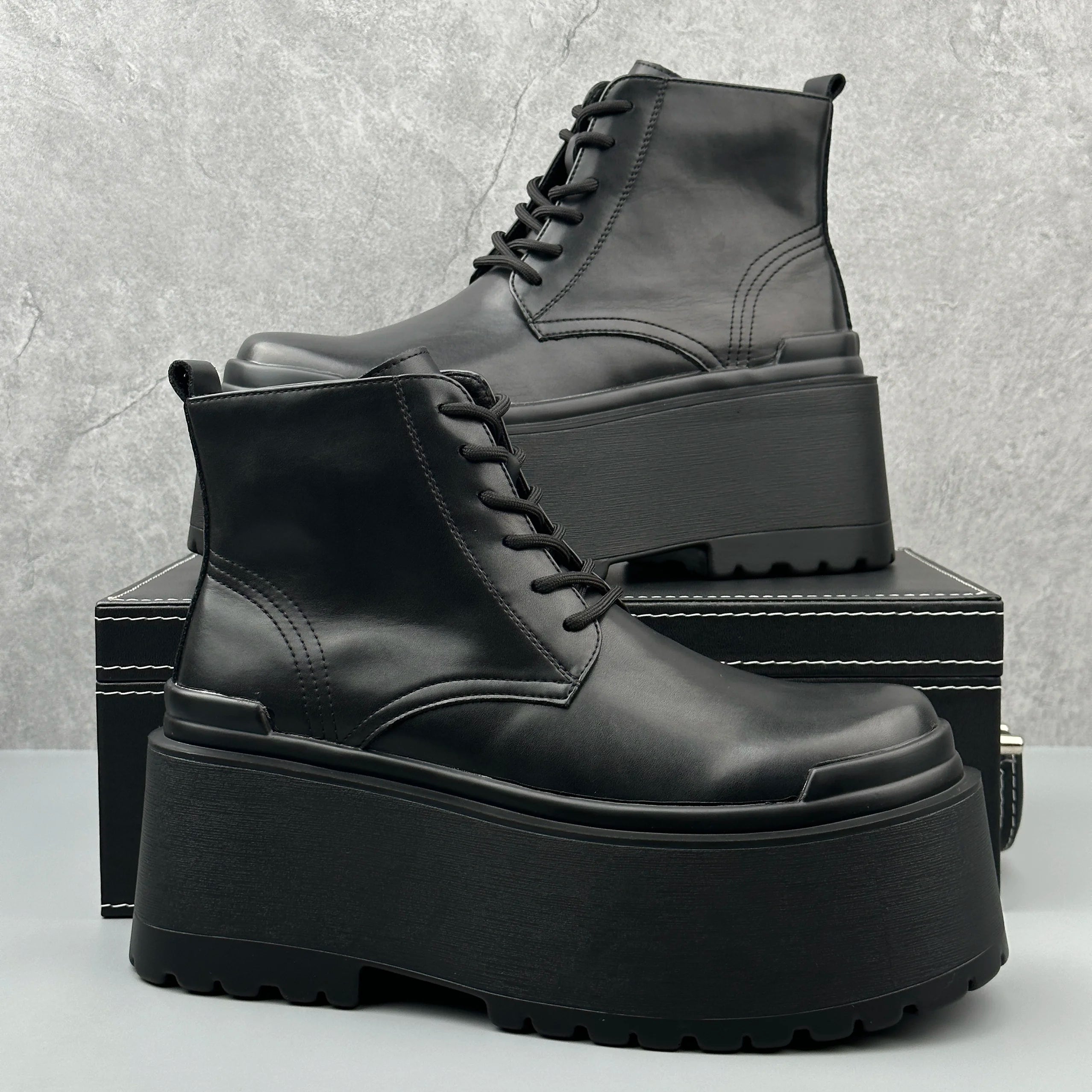 Men's Motorcycle Boots Platform Leather Luxury Height Increase 8cm Sneakers Lace Up Autumn Black Designer Shoes - Sun Studio