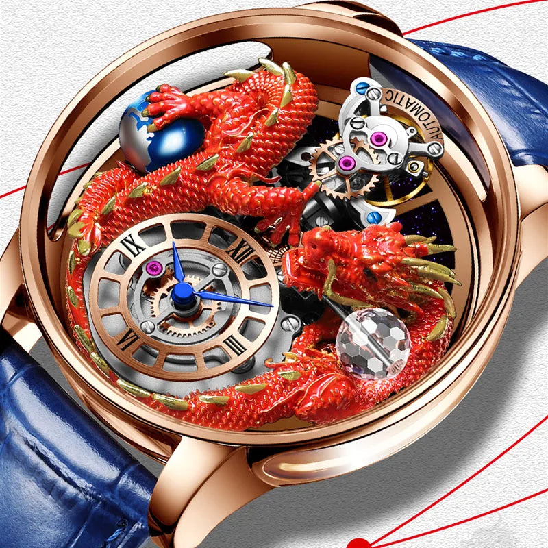PINDU Design New 3D Dragon Earth Theme Quartz Watches Men Celestial Series Curved Mirror Transparent Design Watch Wristwatches - Sun Studio