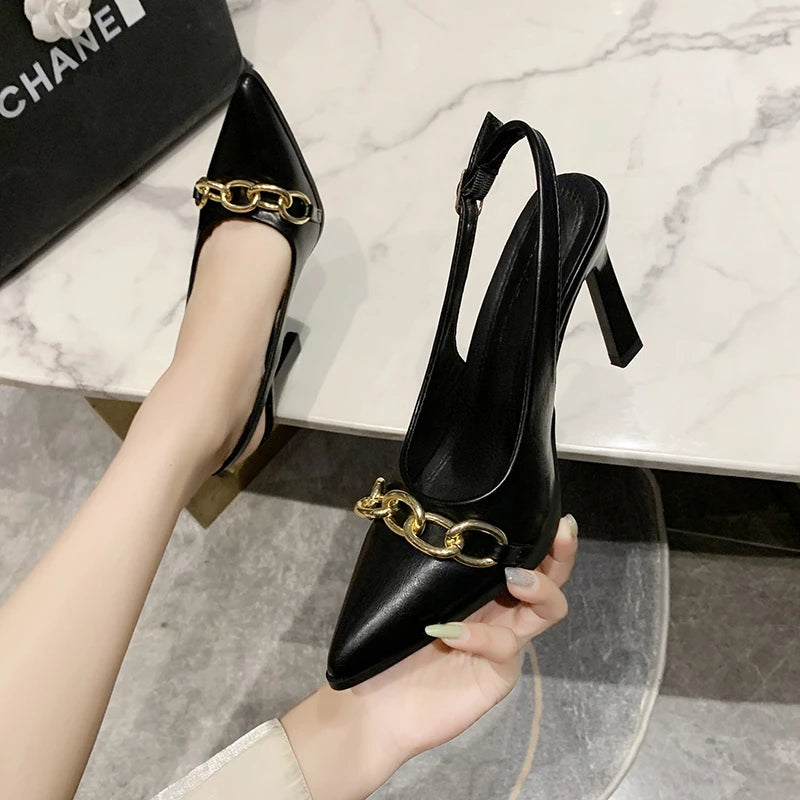 Summer Women Sandals Elegant Versatile Women High Heels Party Wedding Fashion Point-toe Ladies Causal Dresses Shoes Metal Chain - Sun Studio