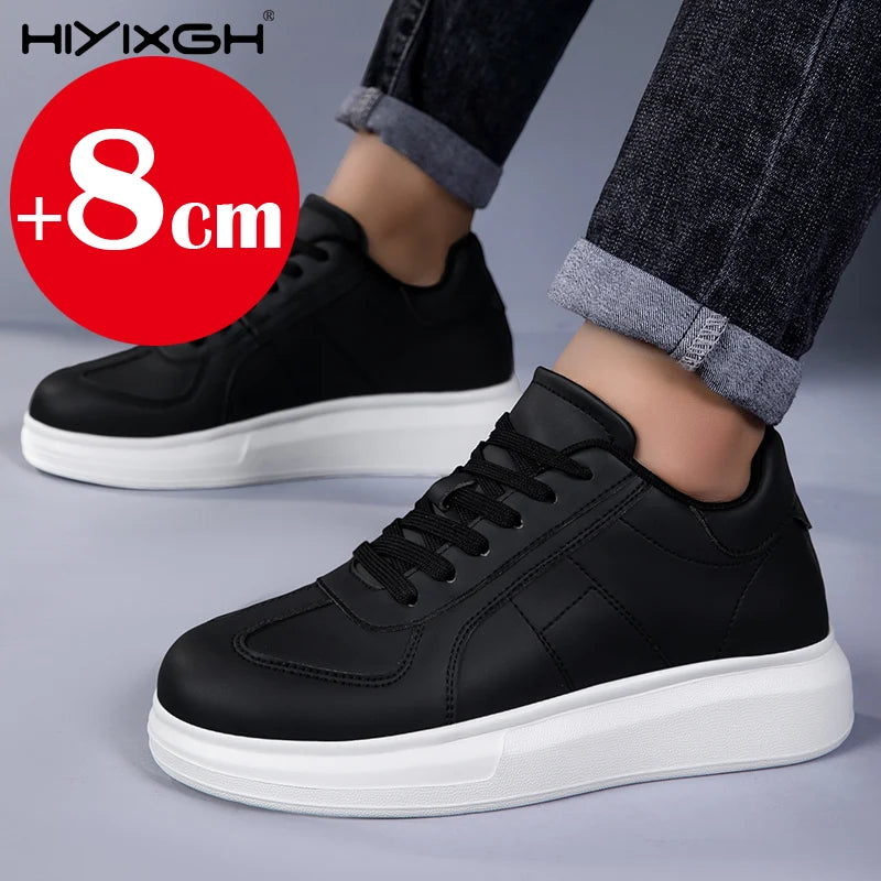 New men's leather elevator shoes 6 cm 8 cm invisible height increase white black sneakers leather height increase casual shoes - Sun Studio
